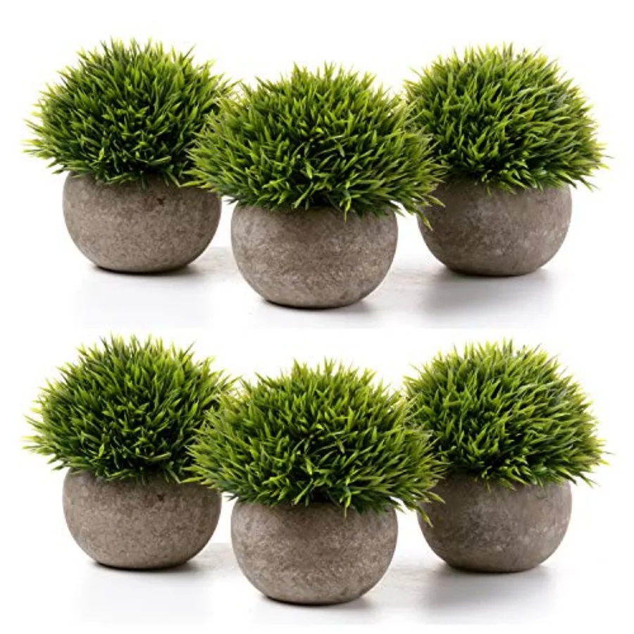 

Fake Artificial Potted Grass Plants - Small Green Pack of 6, Home and Office Decoration Desktop Windowsill Bonsai Indoor Gift f