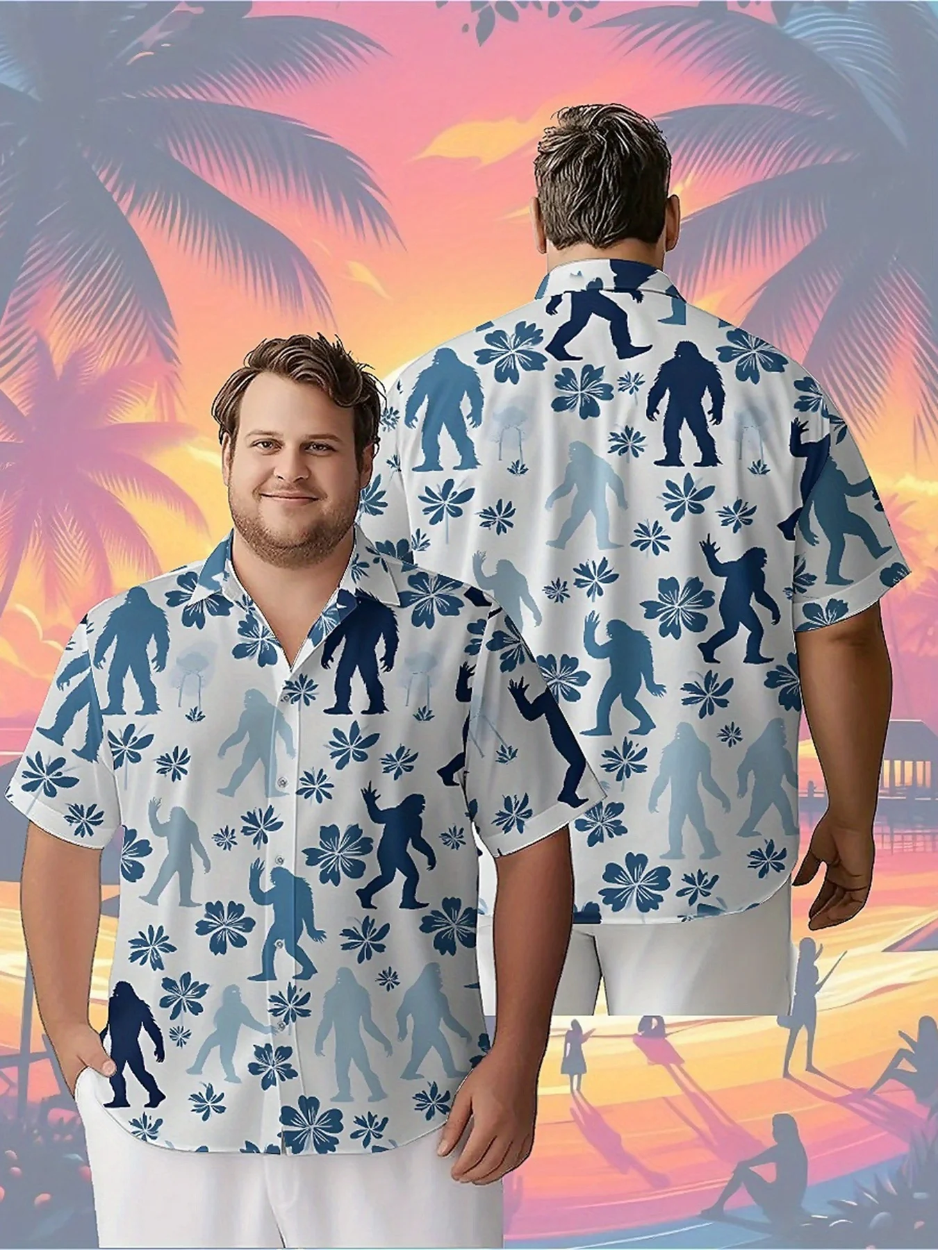 Men's Plus Size Hawaiian Shirts Sasquatch and Flowers pattern,Unisex Baggy Aloha Shirts,summer Alternative Clothing