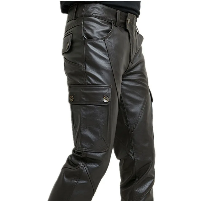 Men's Cowhide Motorcycle Leather Pants, Male Slim Trousers, Spring and Autumn, Big Size, Personality