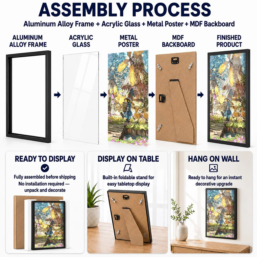 Final Fantasy Village Scene Framed Aluminum Metal Poster Customized Photo Mystical Adventure Style Wall Art For Collector Room