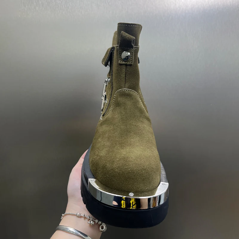 Men New Side Zipper Ankle Boots Metal Detail Chunky Sole Casual Winter Autumn Street Fashion Footwear