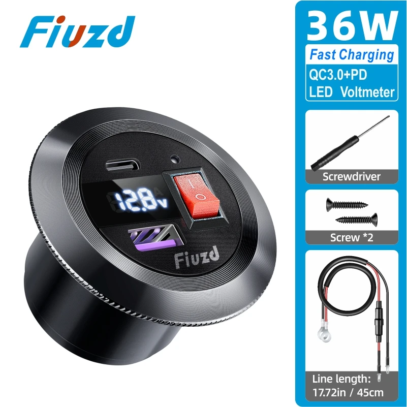 On/Off Switch 12/24V Car Charger Power Outlet Socket Dual QC3.0 USB & Dual PD3.0 Type-C Fast Charging Outlet with LED Voltmeter