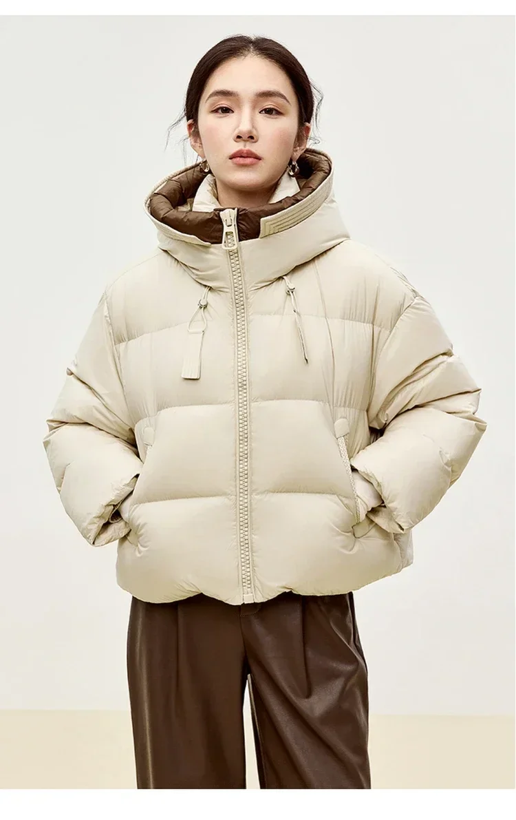 SENTUBILA Hooded Short Down Jacket Women 2024 Winter 90% White Duck Down Short Coats Woman Stand Neck Zipper Outerwear W44Y56085