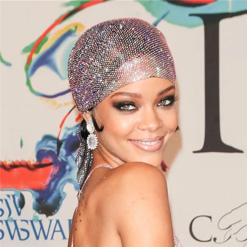 Women\'s Rhinestone Headband Turban Hair Jewelry Hat Bling Crystal Head Wrap Scarf Nightclub Snood Headwear Accessories