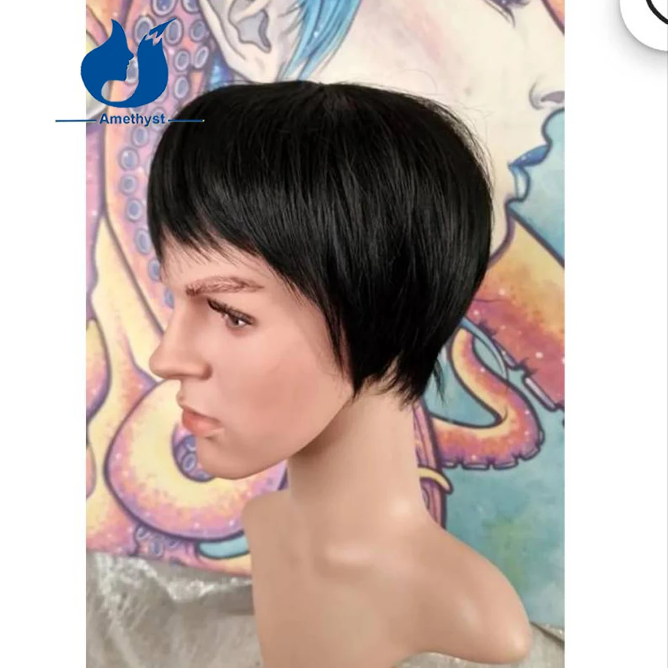 Ametista em linha reta curto pixie corte peruca de cabelo humano com franja completa máquina feita peruca remy cabelo brasileiro pré-estilizado