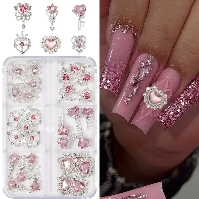 30 قطعة Y2K الفضة الوردي القلب ستار مسمار الفن Charms مجموعة ثلاثية الأبعاد الاكريليك حجر الراين مسمار الزينة DIY بها بنفسك مانيكير مجوهرات اكسسوارات