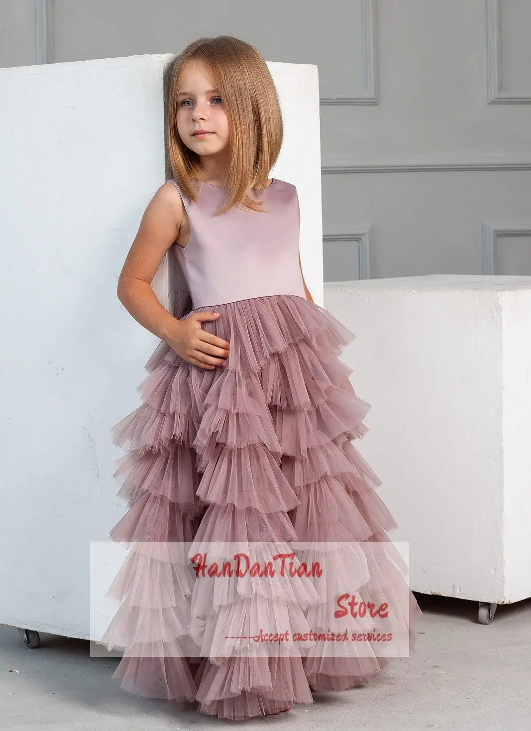 

Flower Girl Dresses for Wedding Bow-Knot Multilayer Puffy Tulle Pageant Princess Gown