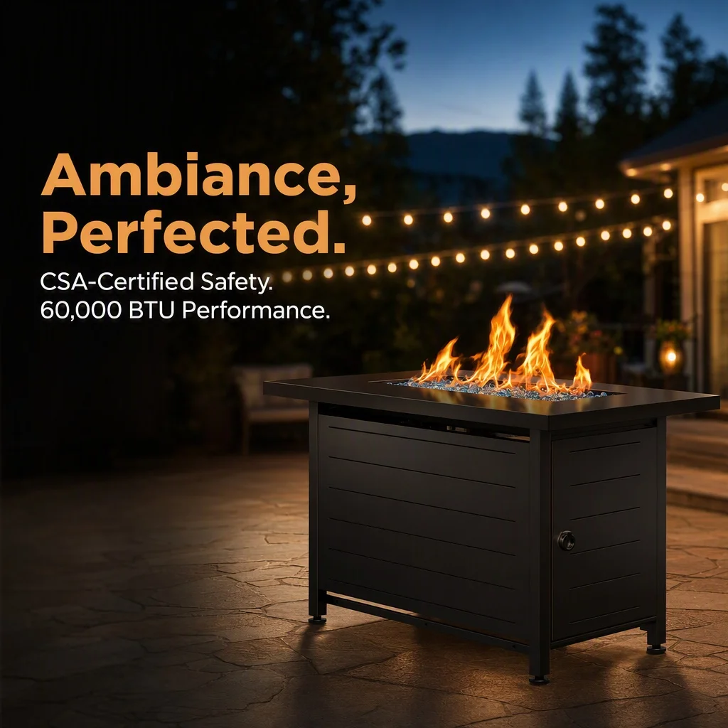 43-Inch Rectangular Propane Fire Pit with 60,000 BTU Output, Fire Pit Table Premium Gas for Outside Patio with 304 Stainless Steel H-Burner, Glass Stones, and Wind Guard