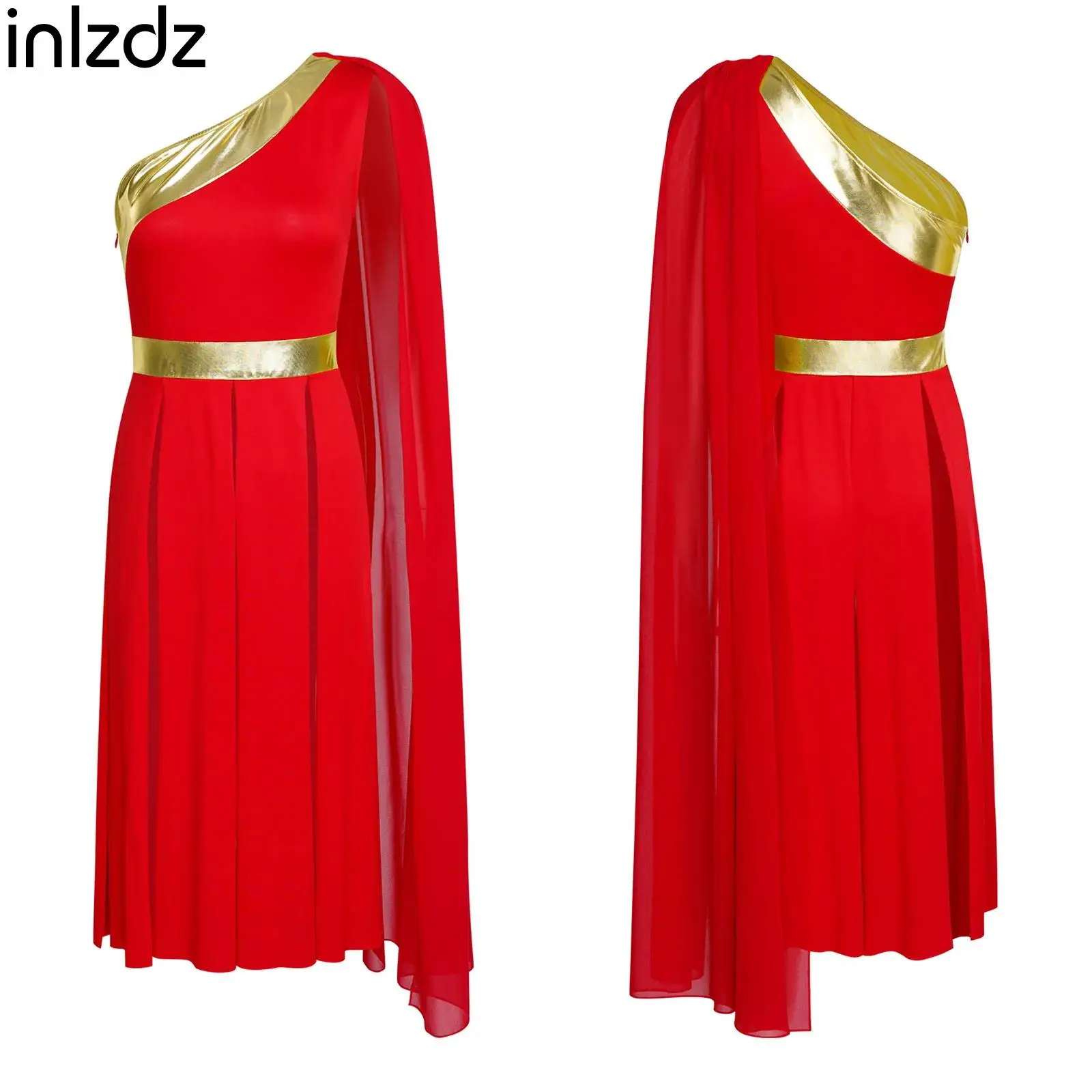 Abito da ballo per lode da donna, monospalla, con drappeggio, senza maniche, con orlo a fessura metallico, per danza liturgica lirica