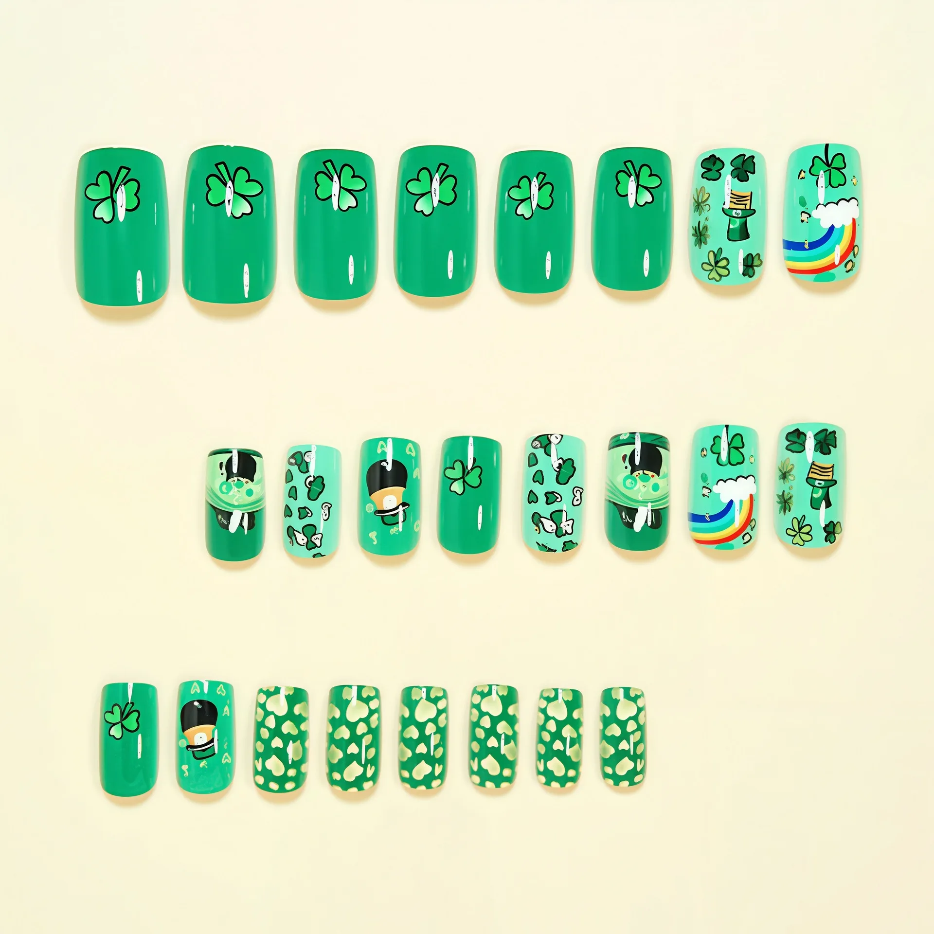 Uñas postizas medianas para mujeres y niñas, diseño de sombrero con flora verde, para el Día de San Patricio, forma cuadrada almendrada, uñas postizas a presión