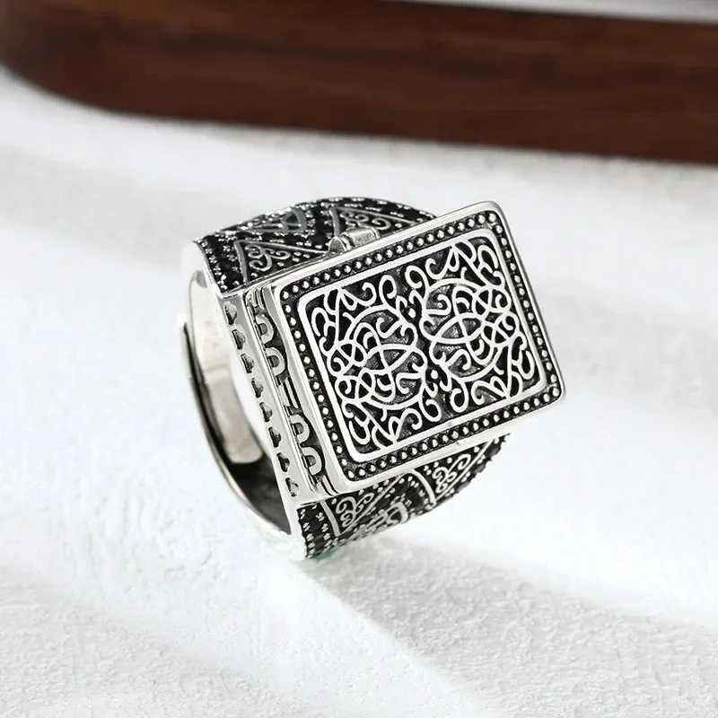 Vintage Exquisite Carved Square Tang Grass Ring, Openable Top, Punk Rock Hip Hop Unisex Adjustable Handmade Statement Jewelry