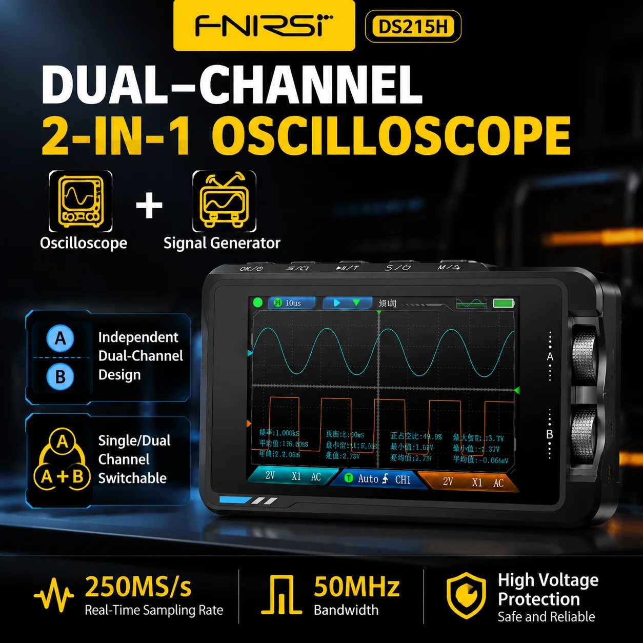 FNIRSI DS215H 2-in-1 Digital Oscilloscope Signal Generator Dual Channel 50MHz 250MS/s 8 Language Handheld Electronic Repair Tool
