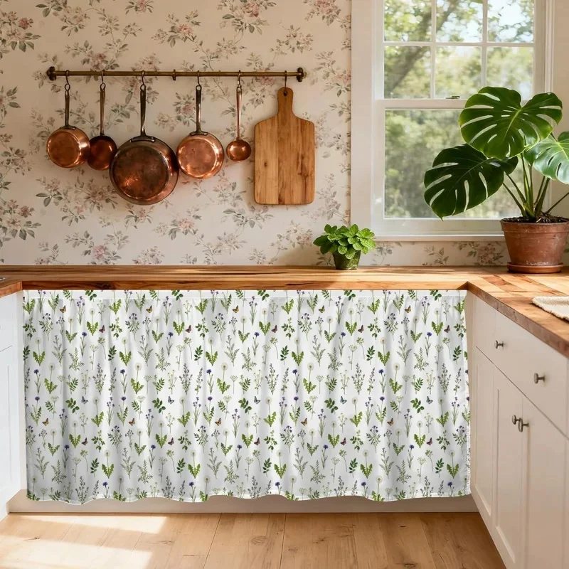 VIKAMA Natural Home Cabinet Curtain Green Plant Wildflower Butterfly Print Dust‑Proof Curtain for Under‑Sink Storage Ornament