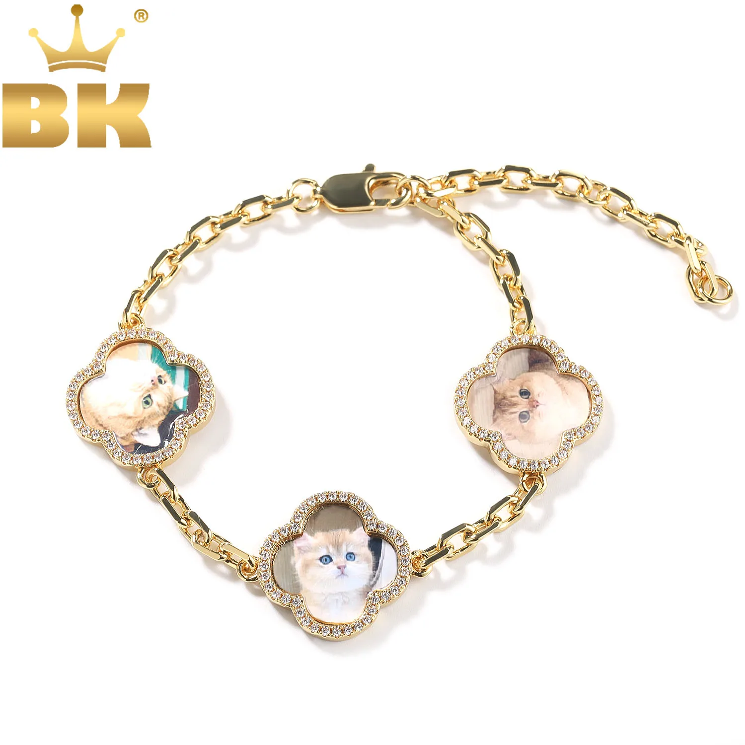 THE BLING KING Custom Clover Photo Bracelet DIY Lucky Four Leaf Clover Memory Bracelet Iced Out CZ Family Lover's Gift