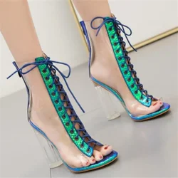 PVC Women's shoes transparent sandals cross lace fish mouth sandals 11cm thick heel Lace Up Round Toe
