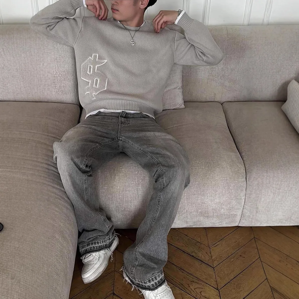 

Европейские и американские уличные повседневные свободные топы с длинными рукавами, осенне-зимний пуловер с круглым вырезом, мужские и женские вязаные свитера