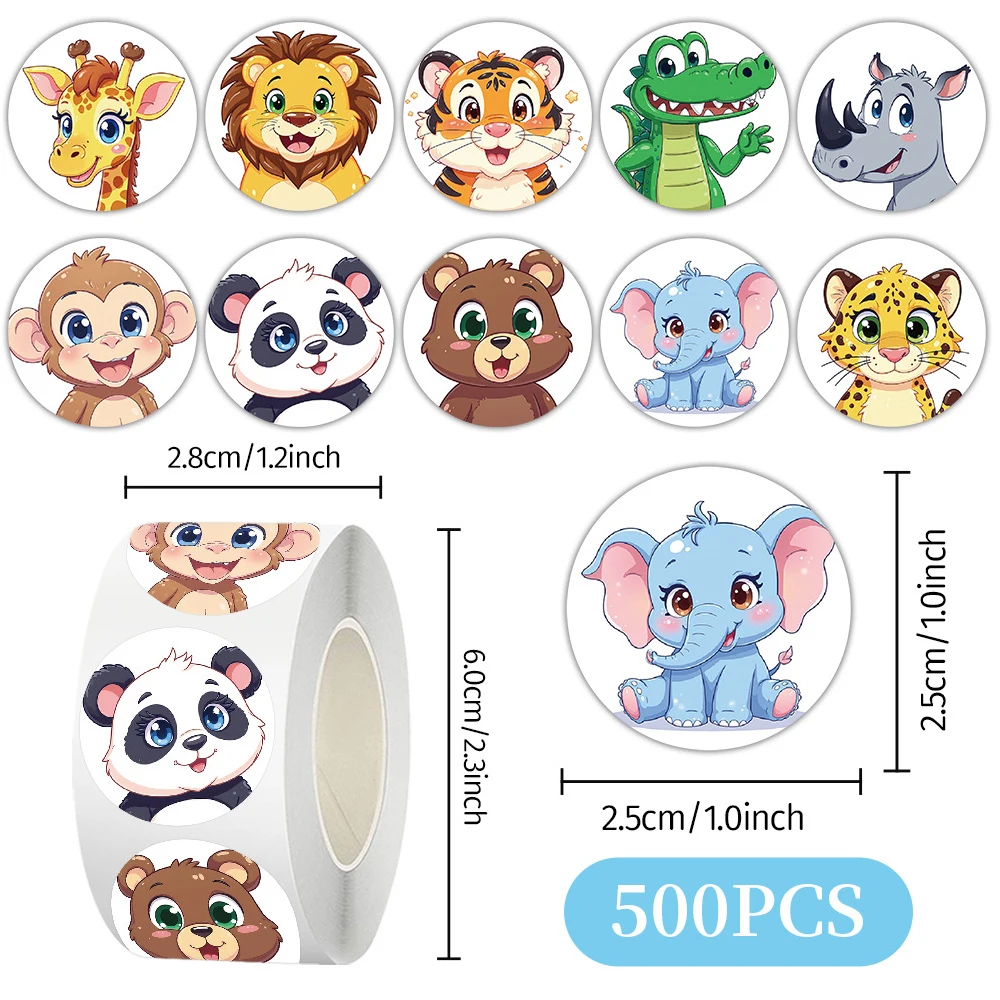 500Pcs/Roll Kawaii Animal Cartoon Stickers Cute Tiger Lion Panda Decals DIY Skateboard Helmet Suitcase Reward Seal Label Sticker