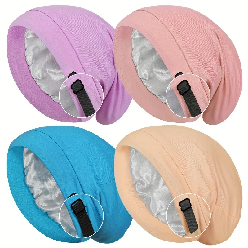 

4Pcs Satin Sleep Caps for Curly Hair & Braids, Adjustable Strap To Stay on All Night, Breathable Night Caps for Women & Men