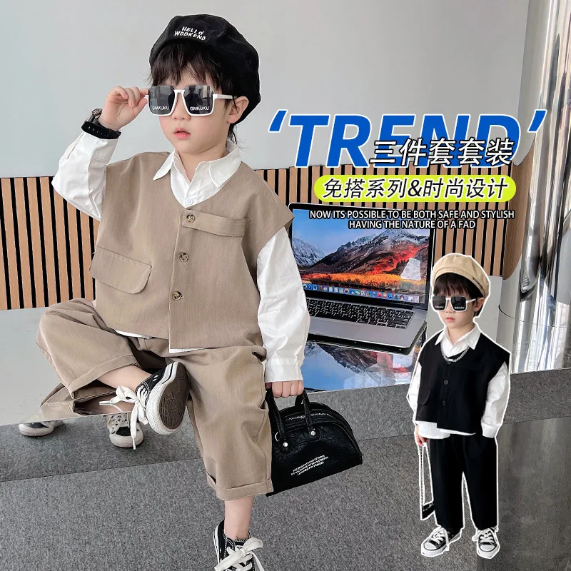 Spring Autumn 2-10 baby boy Clothing set Casual vest+ top+ Pants 3PCS Kid Child baby toddler boy korea designer clothes outfits