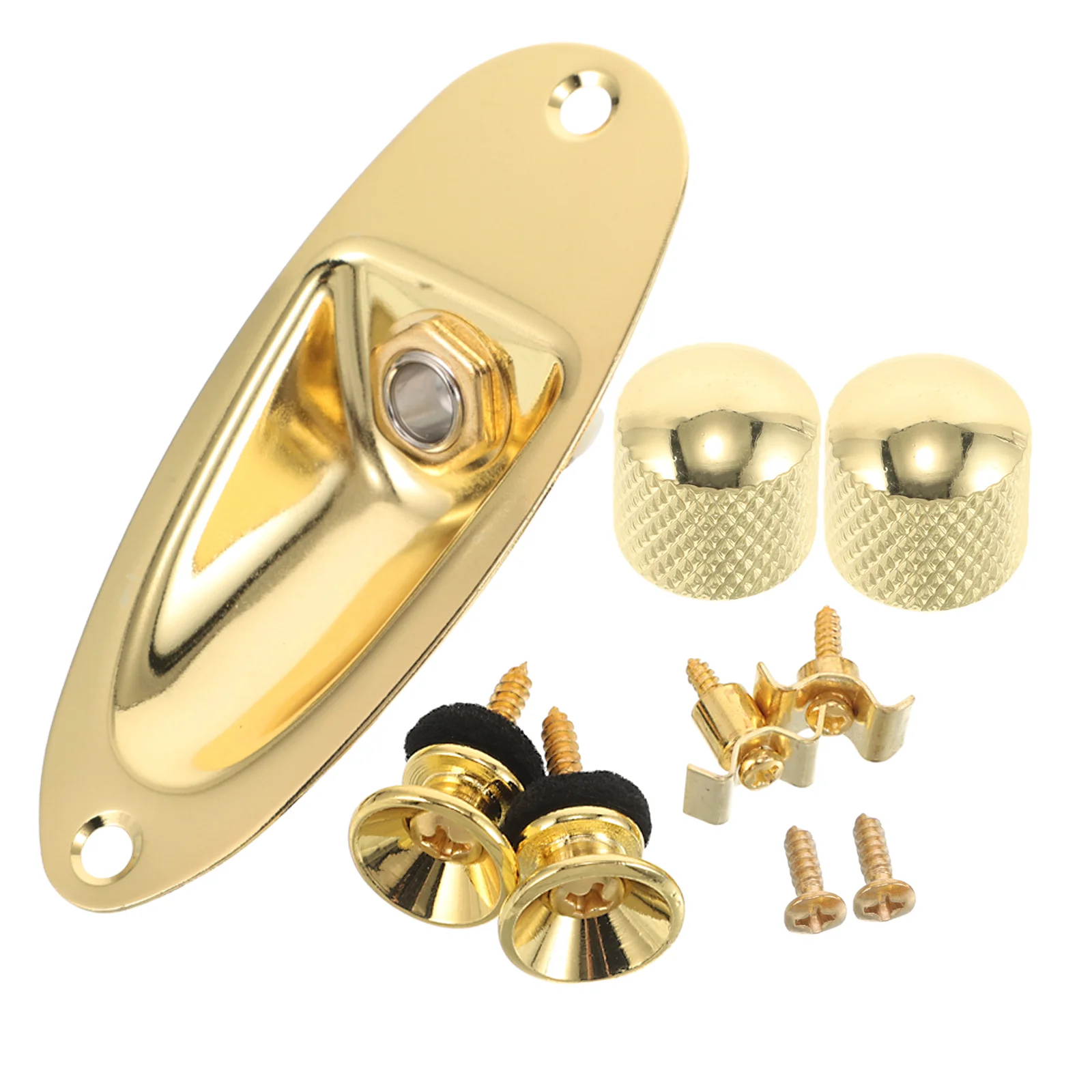 

Electric Guitar Accessories Kit Black Boat Shaped Output Jack Socket Strap Buttons Volume Knobs String Retainers