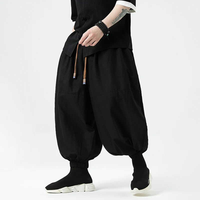 2024 Summer Men Wide Leg Pants Men Dark Wind Solid Color Casual Pants Japanese Styles Harun Pants Men Cotton Linen Lantern Pants