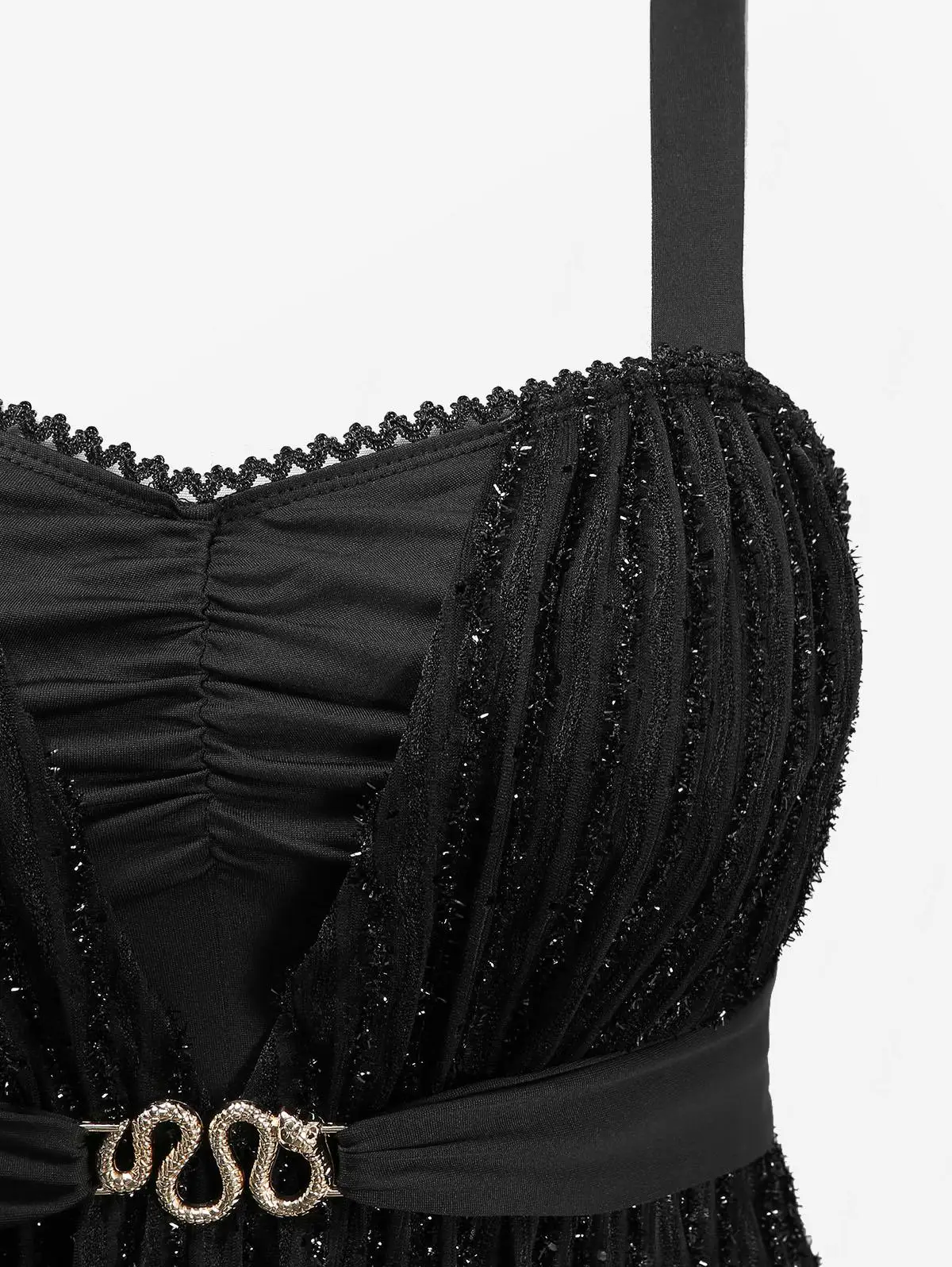 ROSEGAL Plus Size Silver Line Snake Buckle Lace Trim Ruched Tank Top Women Spring,Summer Black Casual Tops New