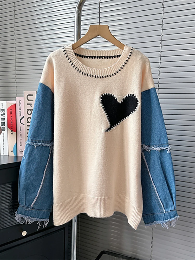 DEAT Women\'s Sweater Knitted Spliced Heart Loose Patchwork Fake 2 Pcs Burrs Edge Pullover Autumn 2024 New Fashion 29L8327