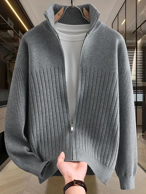 

Мужской вязаный кардиган на молнии, повседневный, в стиле пэчворк, в полоску, свободный свитер-жакет, однотонный, с воротником-стойкой, осенне-зимний, в стиле кэжуал