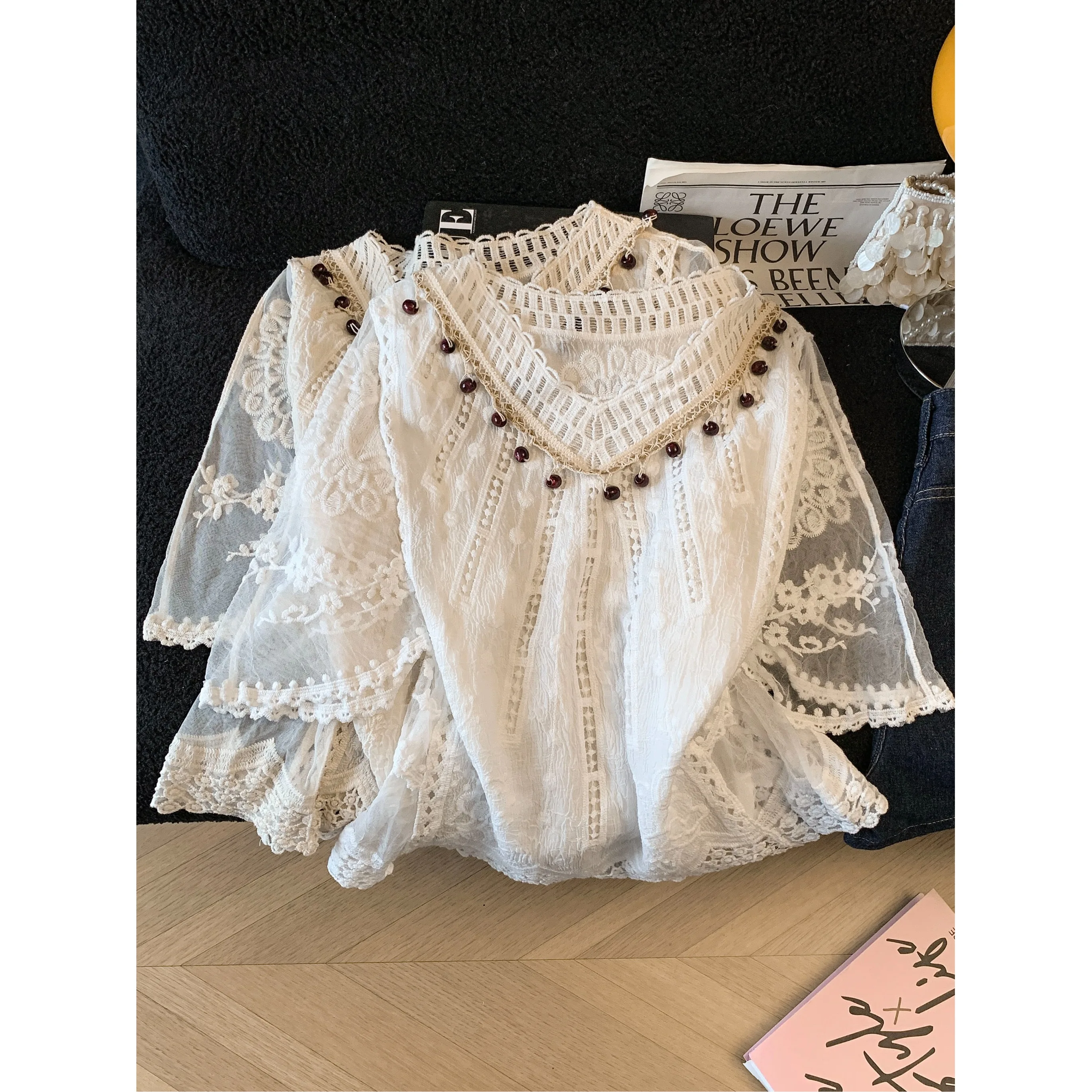 

Bohemian Lace Shirt Hollow out Heavy Knitting Loose Overhead Sun Protection Cover up Top Thin Cotton Women's Spring Fashion