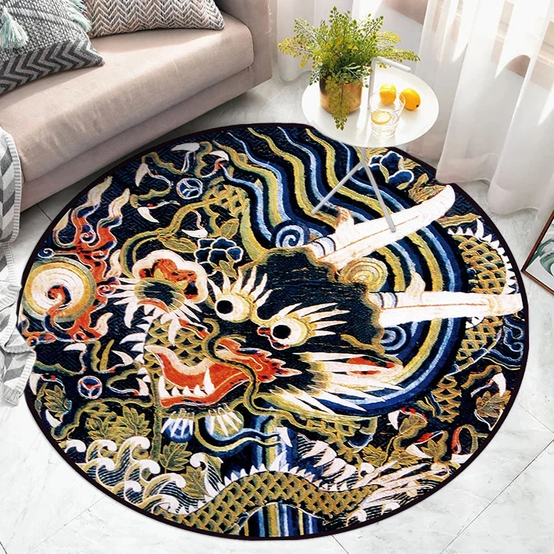 Round Area Rug With Traditional Chinese Dragon Patterns In Multiple Colors Exquisite Artistic Style Soft Durable Floor Decor