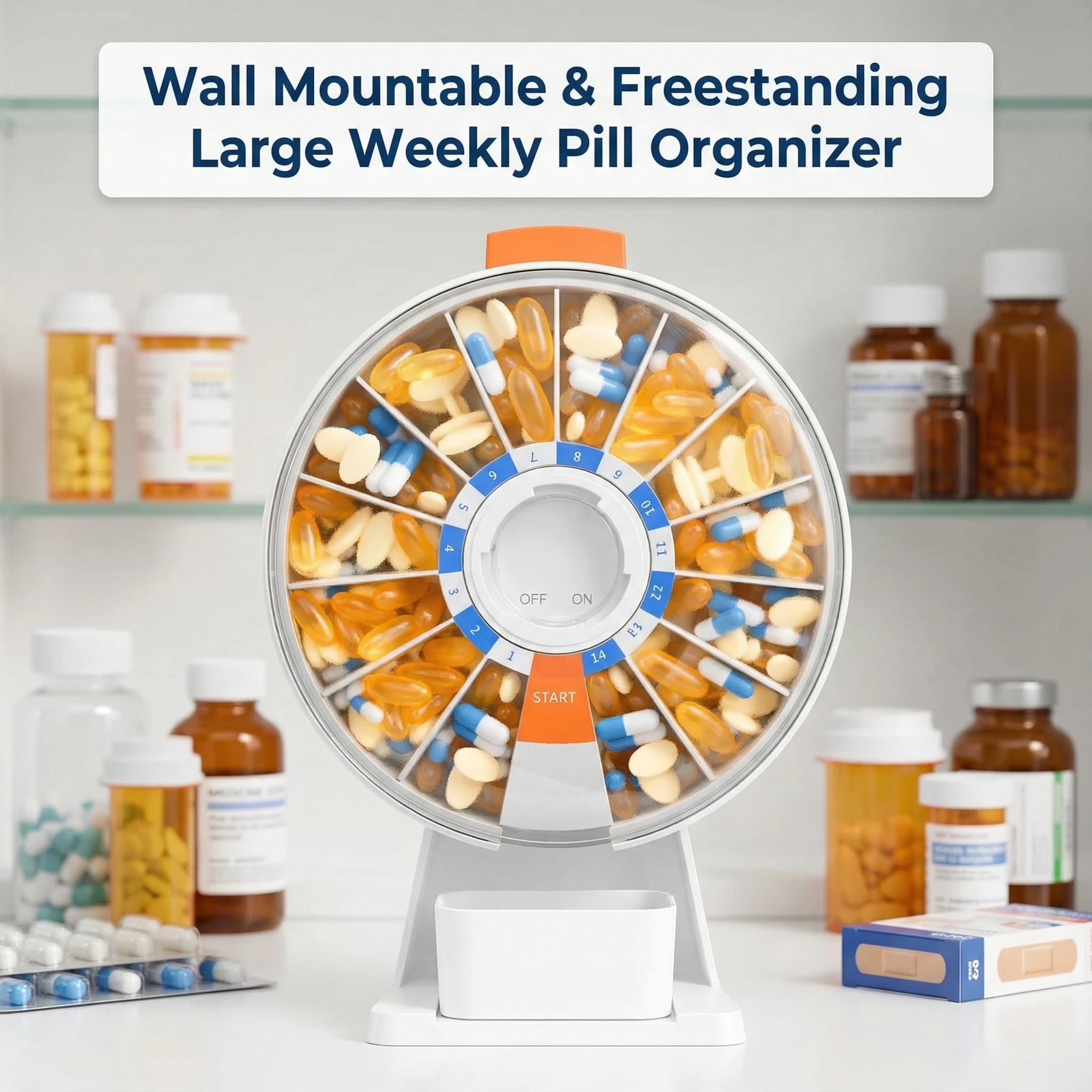 Wall Mountable & Freestanding Large Weekly Pill Organizer 7/14 Day AM PM Dispenser, Spacious Compartments to Daily Medication