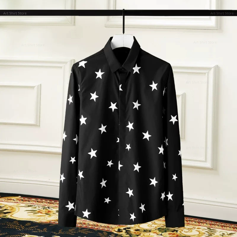 European and American style classic high-quality fashionable shirt, shining star print, slim-fitting men's long-sleeved shirt