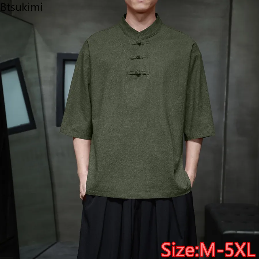 

Oversized Chinese Style Men's Loose Casual T-shirt Fashion Stand Collar Cotton Linen Hanfu Tops Traditional Kung Fu Costume Male