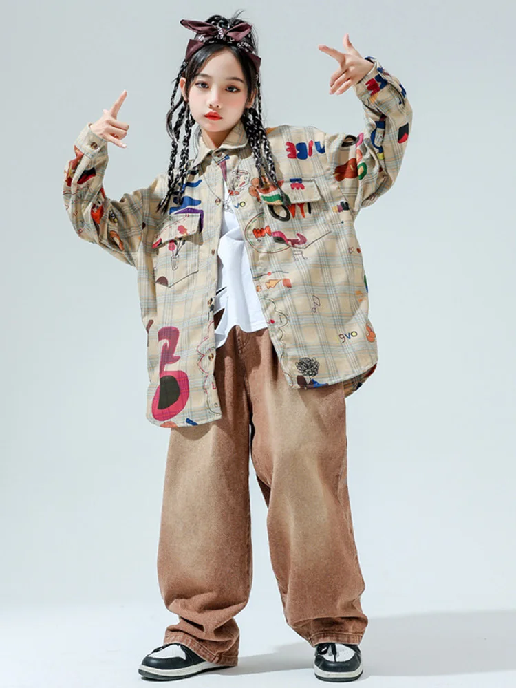 Menina hip hop dança traje crianças graffiti camisa superior café corredores calças crianças jazz rua desempenho conjuntos de roupas