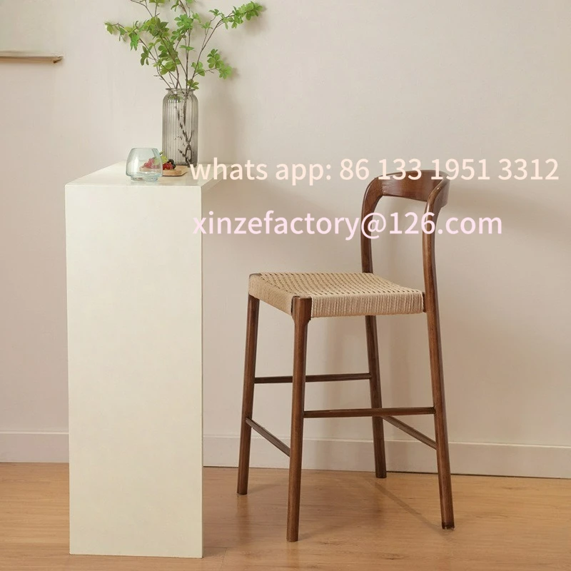 

Customizable Solid Wood Household Island Chair White Wax Wabi Sabi Wind Rope Knitted Dining Chair