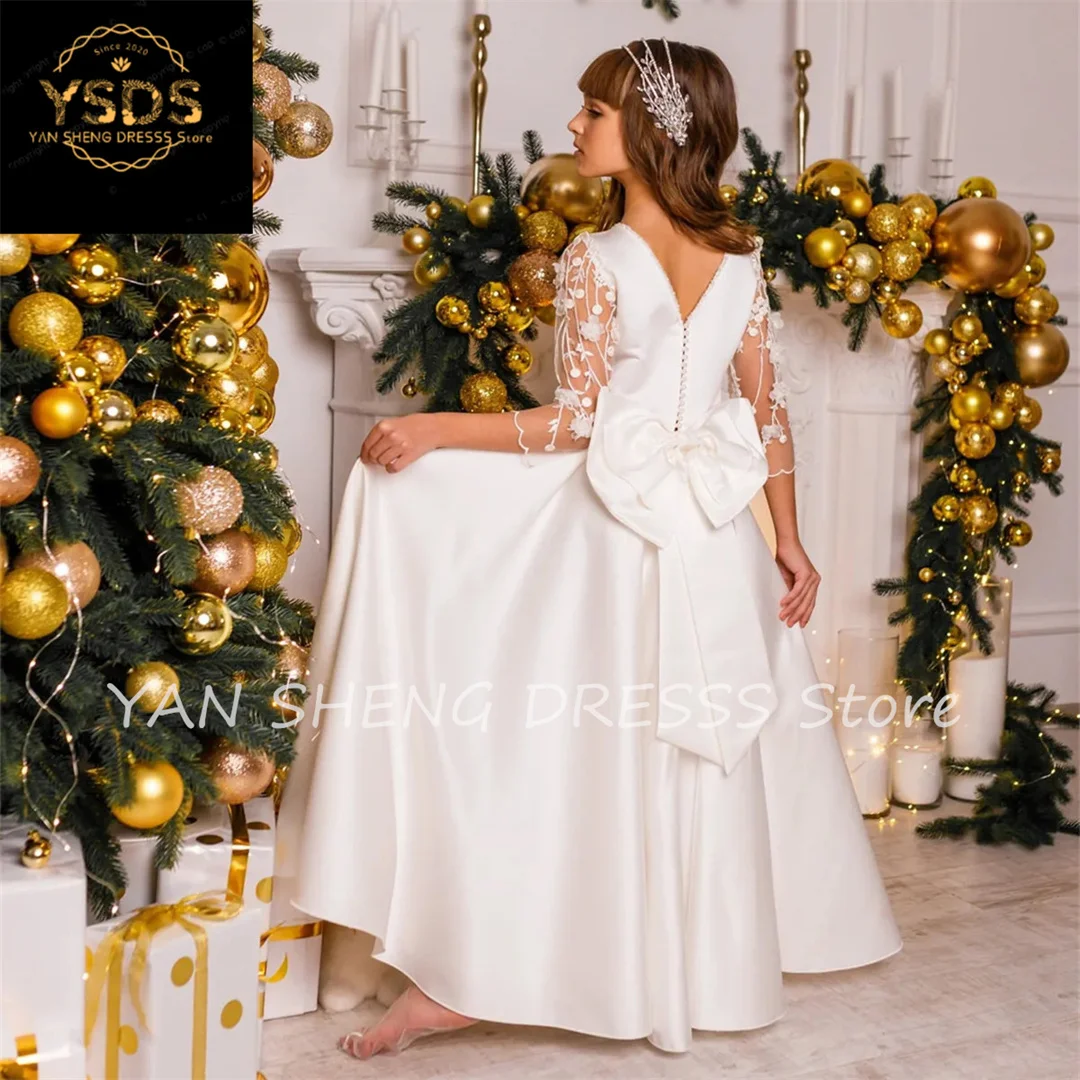 

Flower Girl Dresses Beige Solid Tiered With Bow And Tailing Short Sleeve For Wedding Birthday Party Holy Communion Gowns