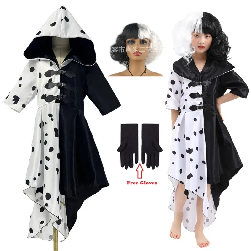 

Evil Madame Cruella De Vil Cosplay Halloween Costume for Kids Woman Half Black Half White Wig Girls Princess Summer Night Dress