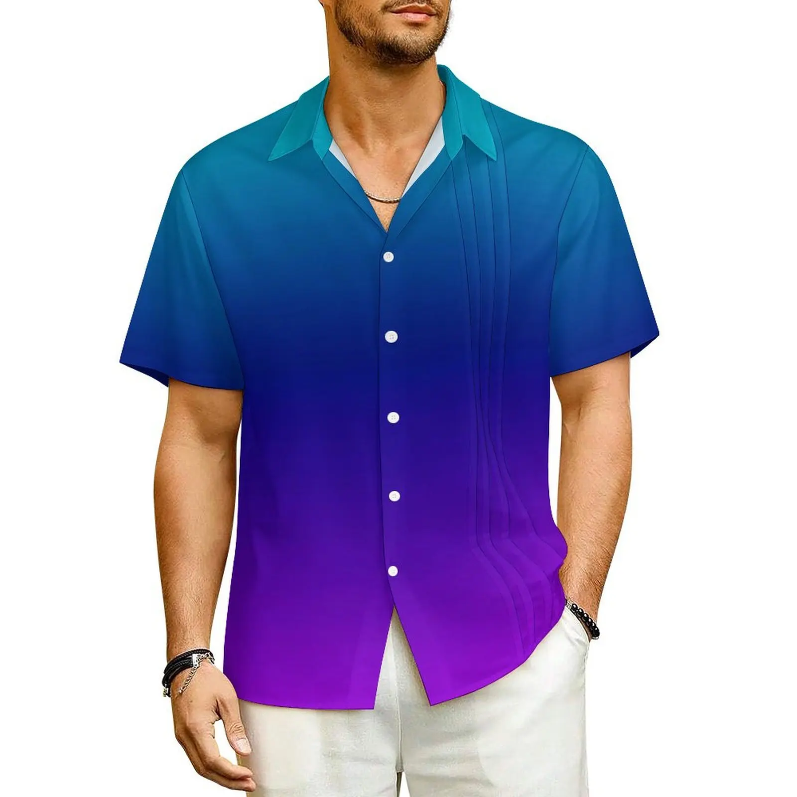 

Aqua Ombre Casual Shirt Blue And Purple Vintage Summer Shirts Men Short-Sleeved Vacation Harajuku Design Plus Size Blouses