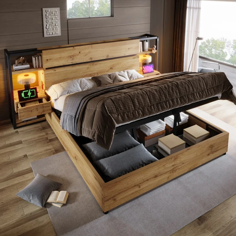 

# Modern Lift-Up Storage Platform Bed Frame LED Lights Oak Wooden Panel Eco-Friendly Durable Soft Charging Bookcase