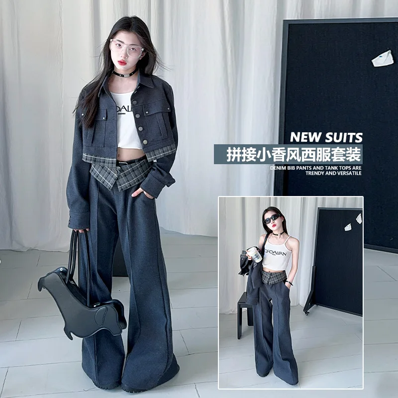 Teenager Girls Clothes Set Autumn Grid Splicing Short Coat+High Waist Casual Wide Leg Jeans Junior Kid Pants Suit Child Outfits