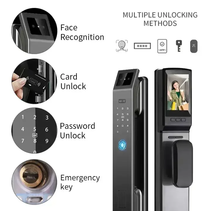 Fechadura de porta inteligente com reconhecimento facial 3D, aplicação WIFI, função de chave de cartão de senha, pode ser usada para casa anti-roubo