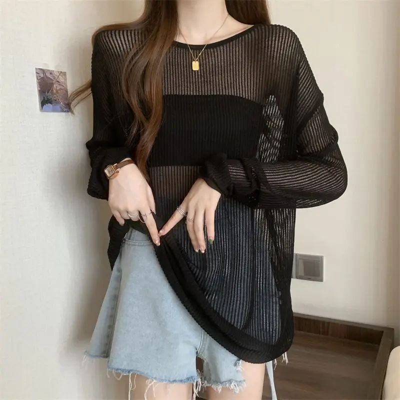 Women\'s Sexy Hollow Out See Through Oversized T-shirts Summer Trendy Long Sleeve Tees Casual Streetwear Y2K Tops Solid Chic Ropa