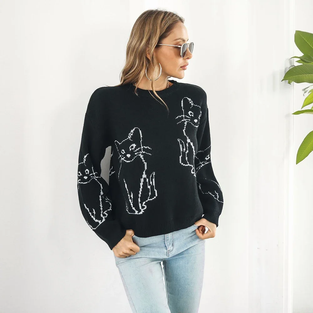 FDEY Women's Cat Print Sweater Pullover Round Neck Drop Shoulder Sweater Cartoon Printed Long Sleeve Top Casual
