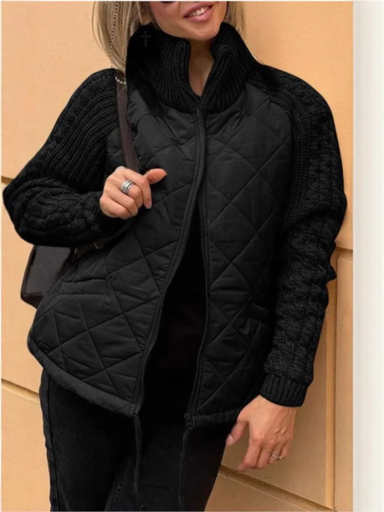 Autumn Winter Jacket For Women New Fashion Stand Collar Knitted Splicing Jacket Causal Long Sleeve Warm Coat Patchwork Outerwear