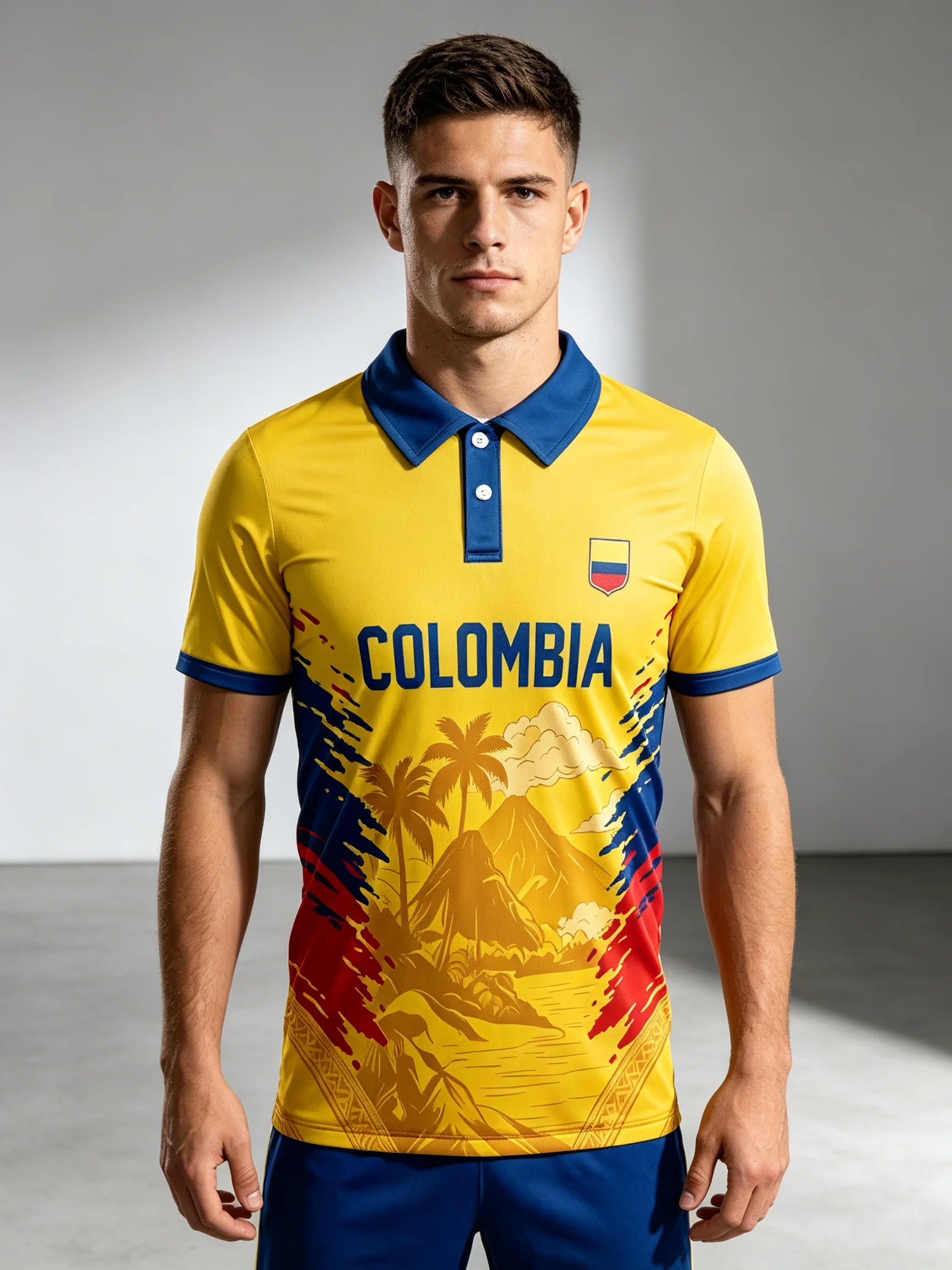 Men's Colombia national team soccer polo. Tropical landscape pattern, lightweight top for matches and daily wear