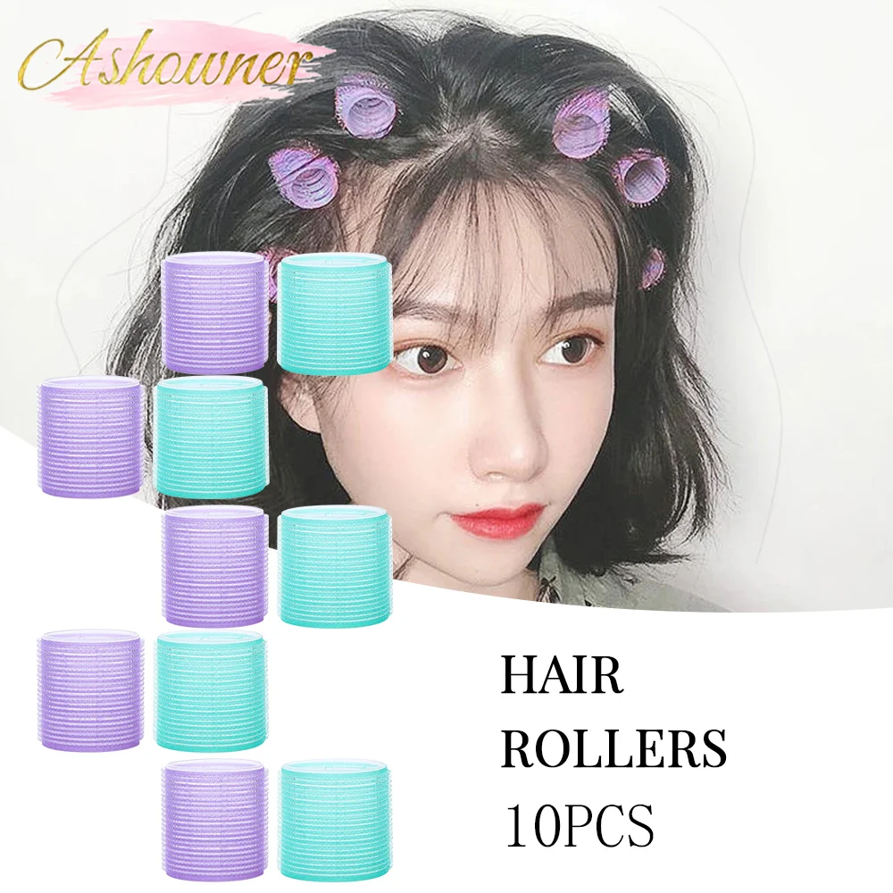 

5-6mm Jumbo Size Self-Grip Hook Hair Rollers Set 10pcs Natural Curlers Heatless Self-adhesive Curling Hairdressing Styling Tool