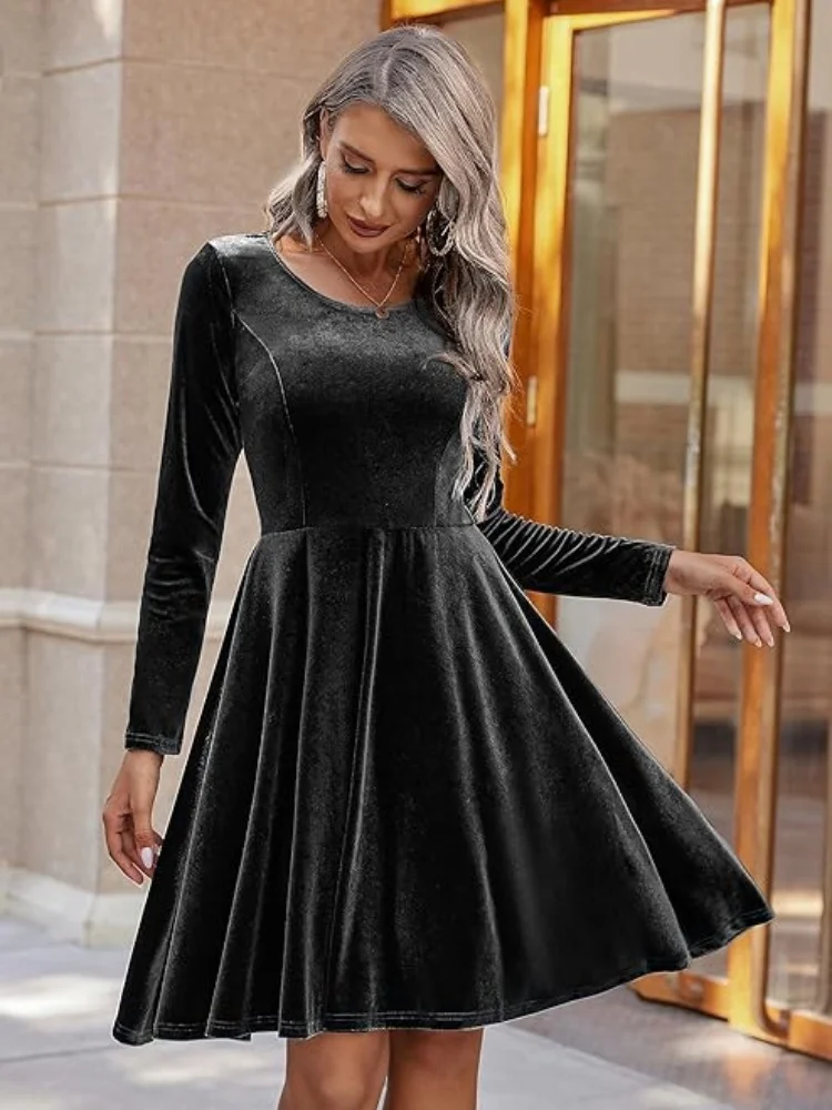 2025 Autumn Winter Woman Long Sleeve Velvet Swing Dress Round Neck Multi Color for Elegant Retro Looks