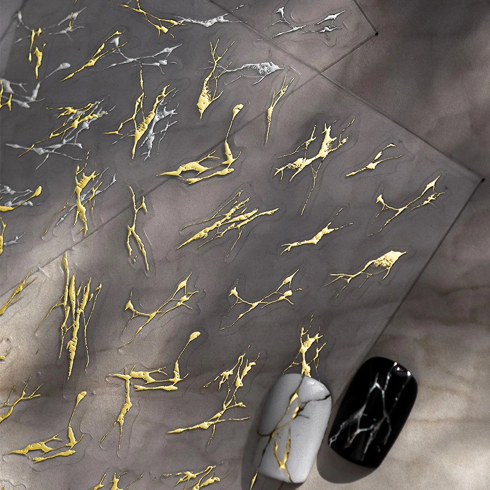 5D estampado en caliente oro plata elegante línea de mármol pegatina artística para uñas patrones de rama decoración minimalista de lujo calcomanía de manicura