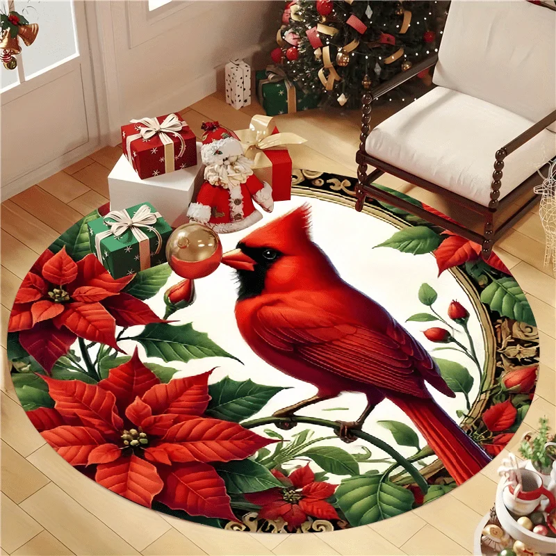 1pc 2D Flat Red Cardinal Round Rug, Indoor & Outdoor Mat for Kitchen Home Office Laundry Room, Festive Home Decor