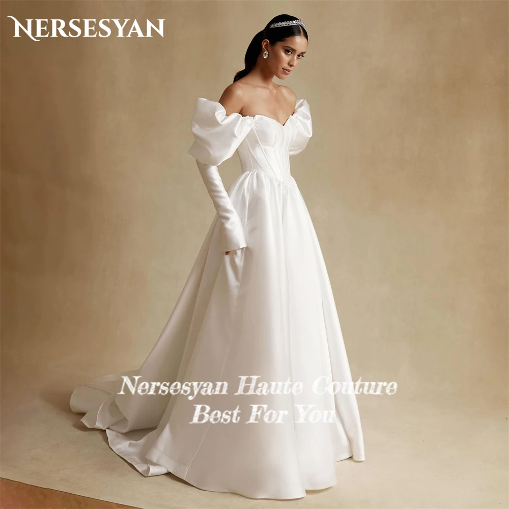 Nersesyan Vintage Solid Satin Wedding Dresses A-Line V-Neck Puff Sleeves Off Shoulder Bridal Gowns Backless Princess Bride Dress